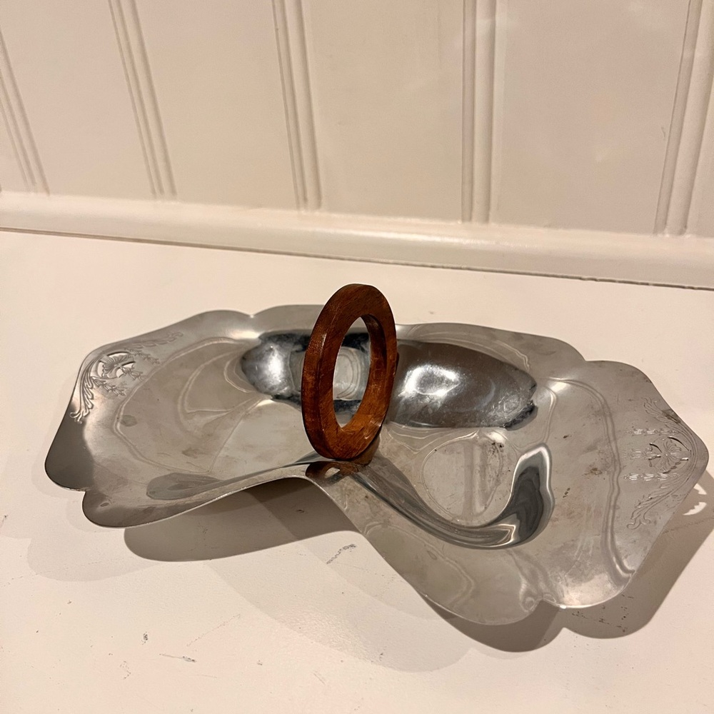 Silver Decorative Tray with Wooden Handle